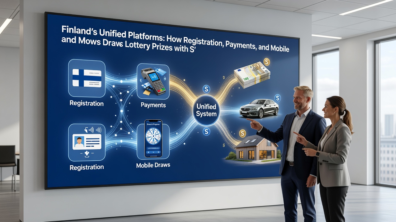 Mobile interface displaying linked lottery draws, sports betting options, and slot games within Finland's unified platform