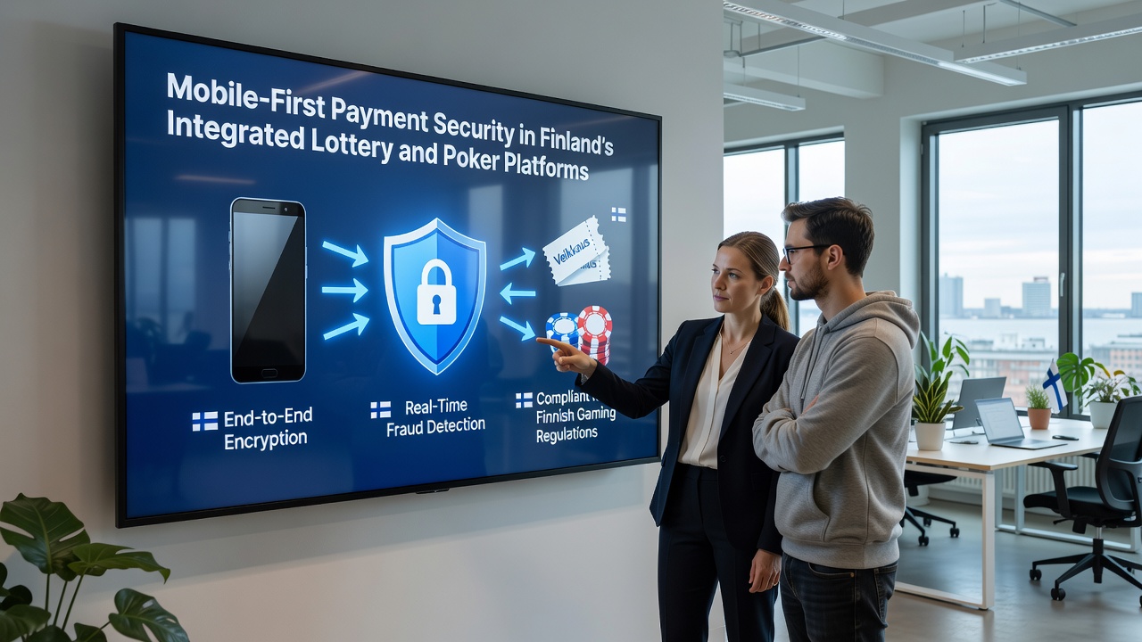 Secure mobile transaction flow diagram for combined lottery and poker payments in Finland
